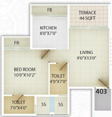 Floor plan of 1 BHK 258 Sq. Ft. Apartment in Unimont Sapphire, Navi Mumbai