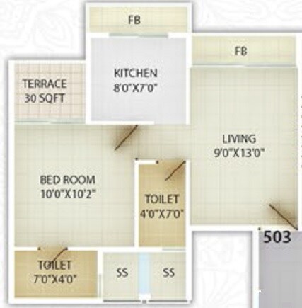 Floor plan of 1 BHK 274 Sq. Ft. Apartment in Unimont Sapphire, Navi Mumbai
