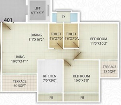 Floor plan of 2 BHK 435 Sq. Ft. Apartment in Unimont Sapphire, Navi Mumbai