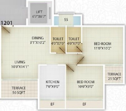 Floor plan of 2 BHK 455 Sq. Ft. Apartment in Unimont Sapphire, Navi Mumbai