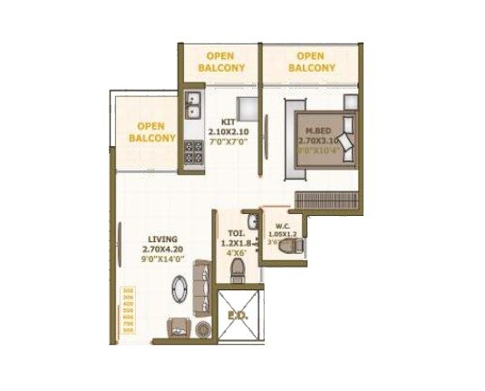 Floor plan of 1 BHK 422 Sq. Ft. Apartment in Unique Square Ornate, Navi Mumbai