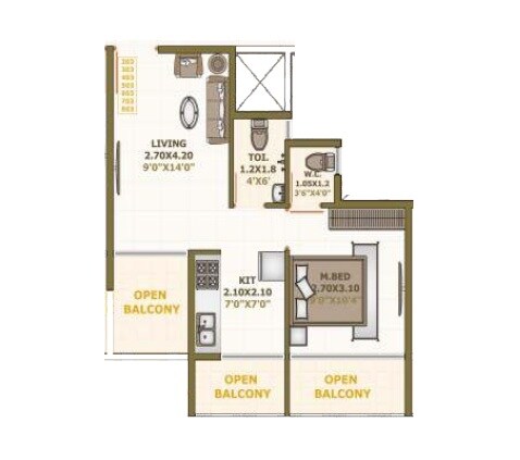 Floor plan of 1 BHK 435 Sq. Ft. Apartment in Unique Square Ornate, Navi Mumbai