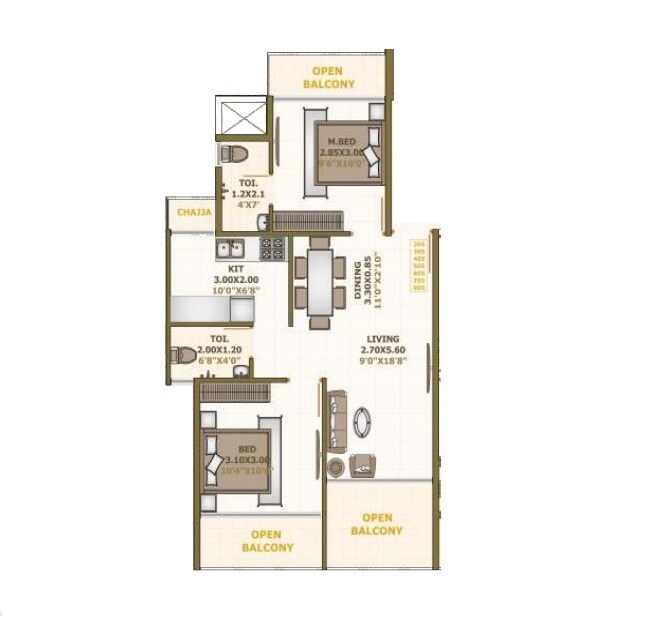 Floor plan of 2 BHK 700 Sq. Ft. Apartment in Unique Square Ornate, Navi Mumbai