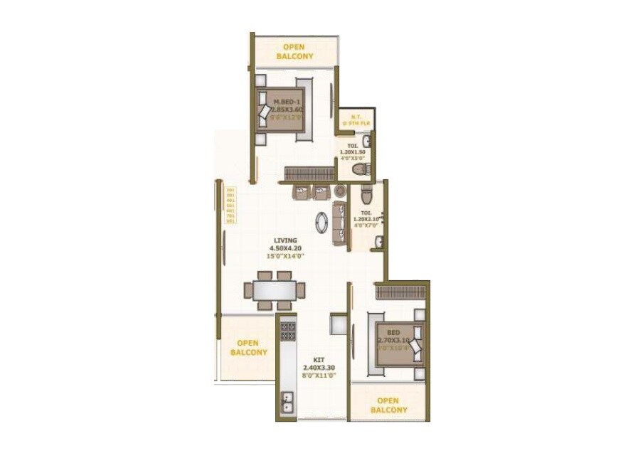 Floor plan of 2 BHK 690 Sq. Ft. Apartment in Unique Square Ornate, Navi Mumbai
