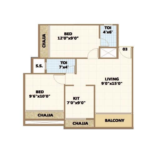 Floor plan of 2 BHK 525 Sq. Ft. Apartment in Uptown Bhaveshwar Oasis, Navi Mumbai