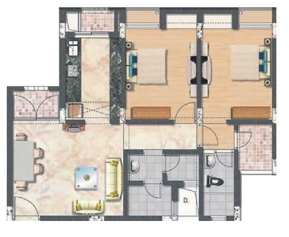 Floor plan of 2 BHK 596 Sq. Ft. Apartment in USR Yashdeep Residency, Navi Mumbai