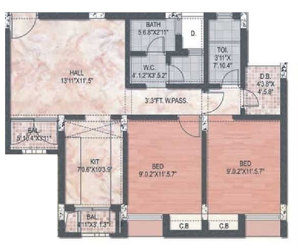 Floor plan of 2 BHK 634 Sq. Ft. Apartment in USR Yashdeep Residency, Navi Mumbai