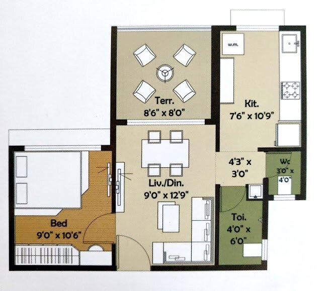 Floor plan of 1 BHK 332 Sq. Ft. Apartment in Utsav City, Navi Mumbai