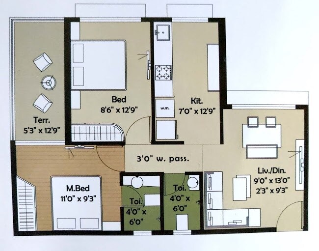 Floor plan of 2 BHK 460 Sq. Ft. Apartment in Utsav City, Navi Mumbai