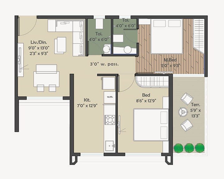 Floor plan of 2 BHK 463 Sq. Ft. Apartment in Utsav City, Navi Mumbai