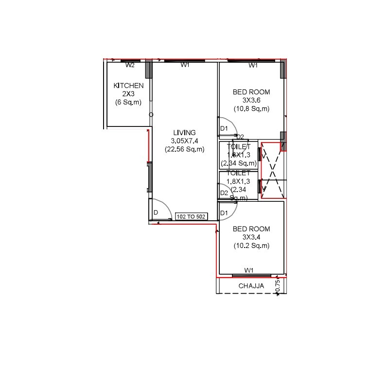 Floor plan of 2 BHK Apartment - 603 sq. ft. in Vandana CHS, Navi Mumbai