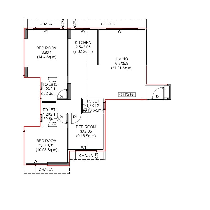 Floor plan of 3 BHK Apartment - 979 sq. ft. in Vandana CHS, Navi Mumbai