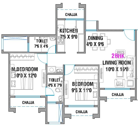 Floor plan of 2 BHK 554 Sq. Ft. Apartment in Varsha Balaji Park, Navi Mumbai
