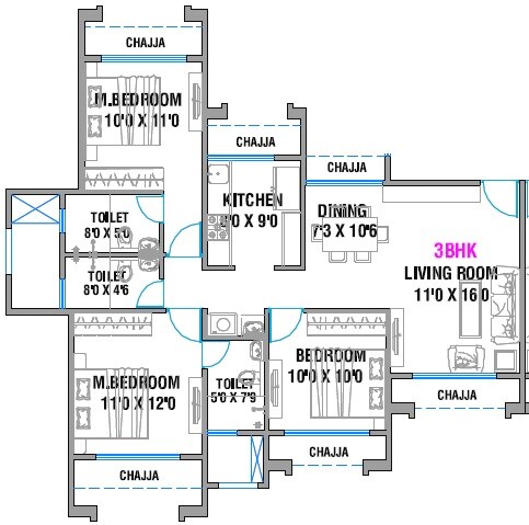 Floor plan of 3 BHK 789 Sq. Ft. Apartment in Varsha Balaji Park, Navi Mumbai