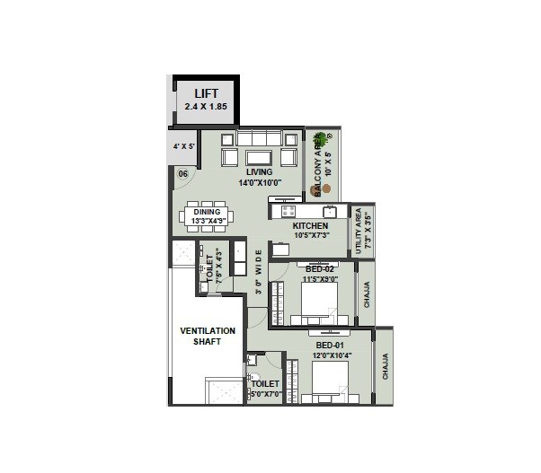2 BHK 784 Sq. Ft. Apartment