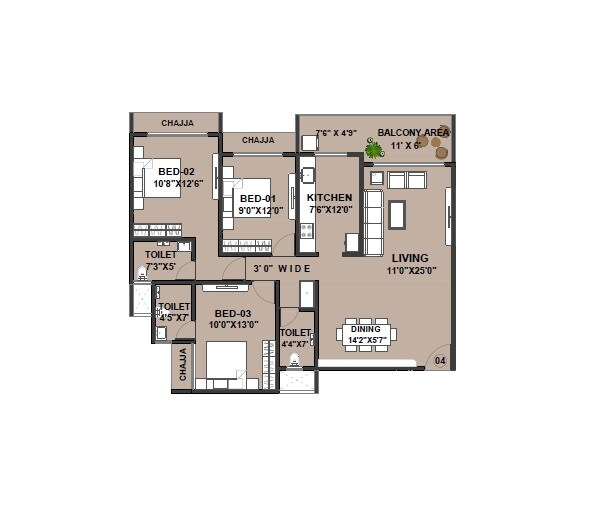 3 BHK 1129 Sq. Ft. Apartment