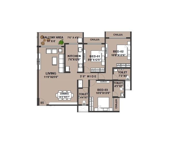 3 BHK 1221 Sq. Ft. Apartment