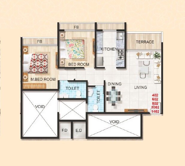 Floor plan of 2 BHK 584 Sq. Ft. Apartment in Varsha Balaji Shrushti, Navi Mumbai