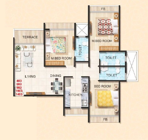 Floor plan of 3 BHK 684 Sq. Ft. Apartment in Varsha Balaji Shrushti, Navi Mumbai