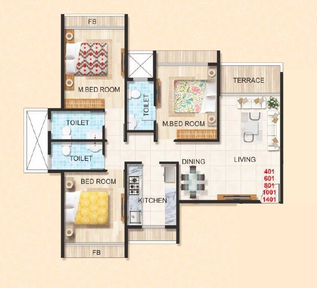 Floor plan of 3 BHK 727 Sq. Ft. Apartment in Varsha Balaji Shrushti, Navi Mumbai