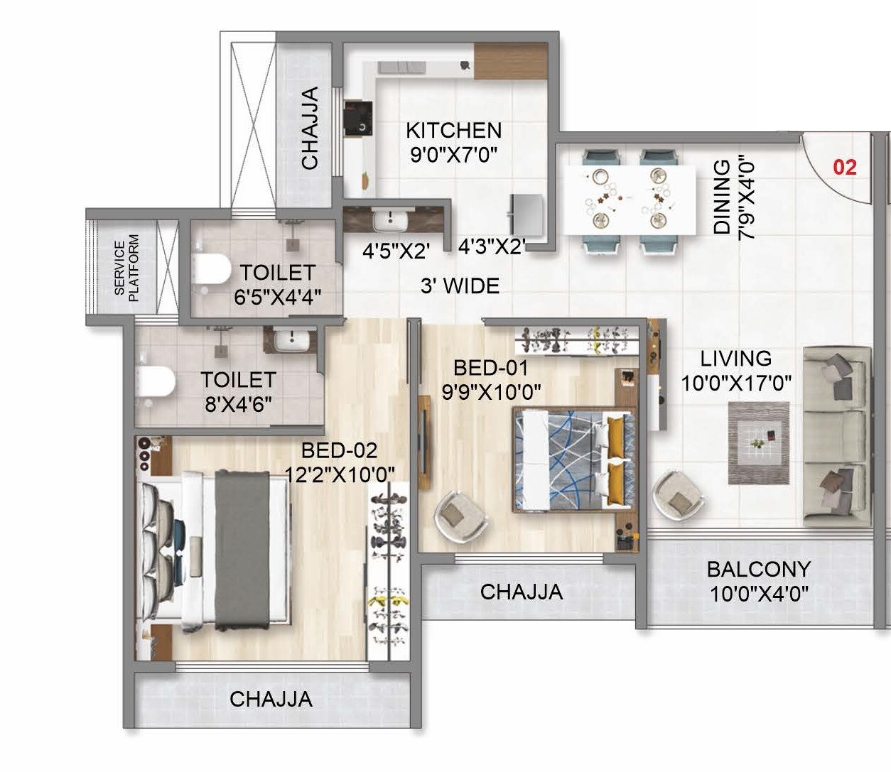 Floor plan of 2 BHK 725 Sq. Ft. Apartment in Varsha Balaji Skyline, Navi Mumbai