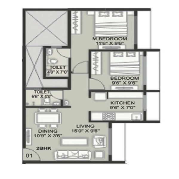 Floor plan of 2 BHK 545 Sq. Ft. Apartment in Varsha Balaji Vista, Navi Mumbai