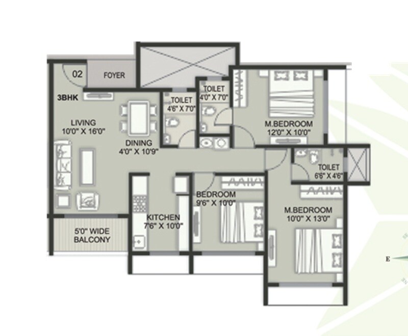 Floor plan of 3 BHK 883 Sq. Ft. Apartment in Varsha Balaji Vista, Navi Mumbai
