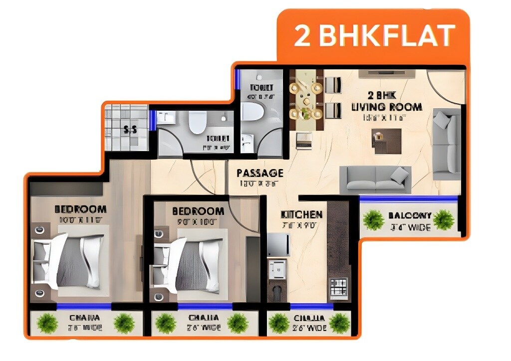 Floor plan of 2 BHK 566 Sq. Ft. Apartment in Vastu Morya, Navi Mumbai
