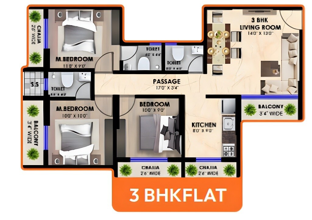 Floor plan of 3 BHK 854 Sq. Ft. Apartment in Vastu Morya, Navi Mumbai