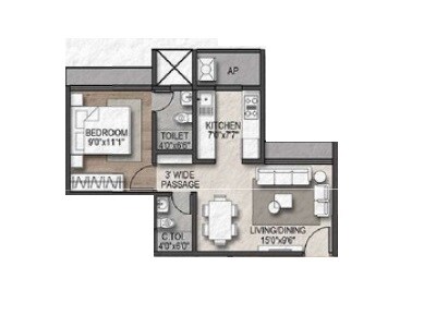 Floor plan of 1 BHK 321 Sq. Ft. Apartment in Vastu Park, Navi Mumbai