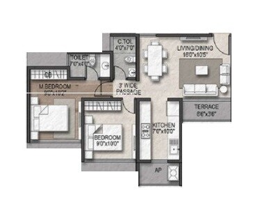 Floor plan of 2 BHK 475 Sq. Ft. Apartment in Vastu Park, Navi Mumbai