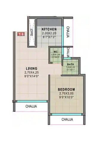Floor plan of 1 BHK 421 Sq. Ft. Apartment in Vasundhara Krishna Vrundavan, Navi Mumbai