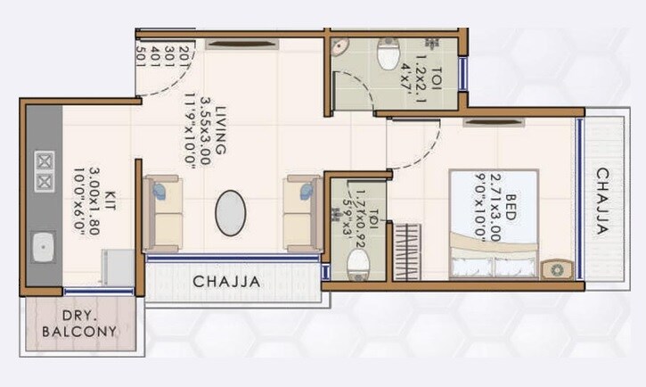 Floor plan of 1 BHK 281 Sq. Ft. Apartment in Venkatesha Apex Paradise, Navi Mumbai