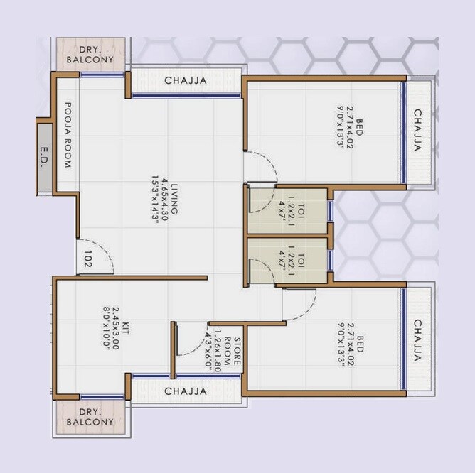Floor plan of 2 BHK 681 Sq. Ft. Apartment in Venkatesha Apex Paradise, Navi Mumbai