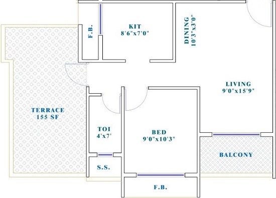 Floor plan of 1 BHK 421 Sq. Ft. Apartment in Venus Alpine, Navi Mumbai