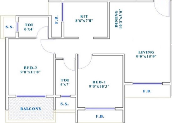 Floor plan of 2 BHK 552 Sq. Ft. Apartment in Venus Alpine, Navi Mumbai
