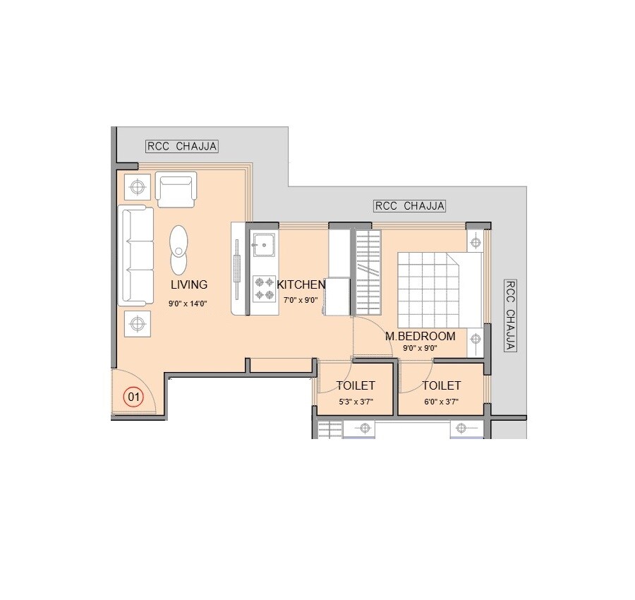 1 BHK 353 Sq. Ft. Apartment