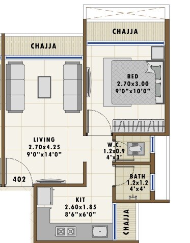 Floor plan of 1 BHK 286 Sq. Ft. Apartment in Vibrant Shree Residency, Navi Mumbai