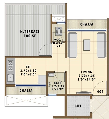 Floor plan of 1 BHK 285 Sq. Ft. Apartment in Vibrant Shree Residency, Navi Mumbai
