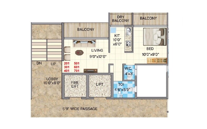 Floor plan of 1 BHK 317 Sq. Ft. Apartment in Vighnaharta Yamuna Niwas, Navi Mumbai