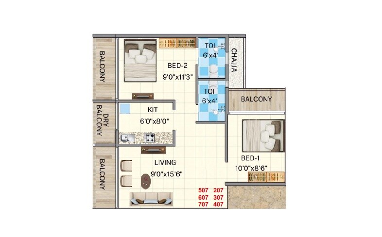 Floor plan of 2 BHK 600 Sq. Ft. Apartment in Vighnaharta Yamuna Niwas, Navi Mumbai