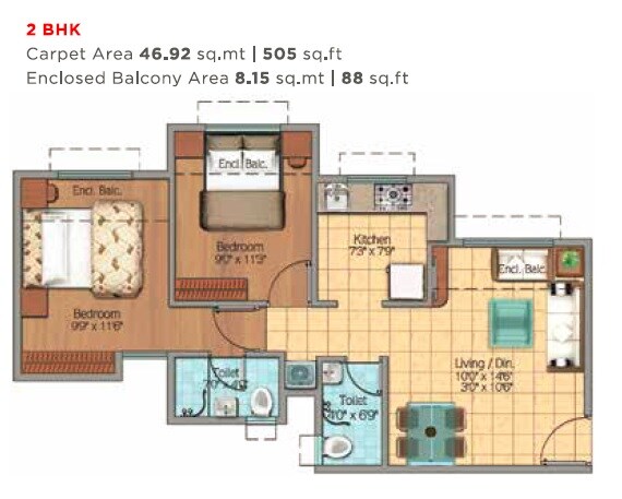 Floor plan of 2 BHK 505 Sq. Ft. Apartment in Vijay Estate Vakas, Navi Mumbai