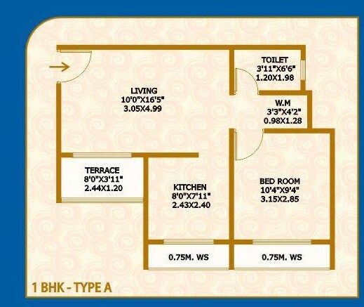 Floor plan of 1 BHK 643 Sq. Ft. Apartment in Vijay Galaxy Karjat, Navi Mumbai