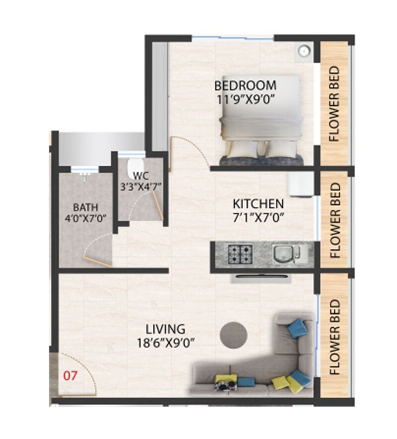 Floor plan of 1 BHK 403 Sq. Ft. Apartment in Vijay Hazare Heights, Navi Mumbai