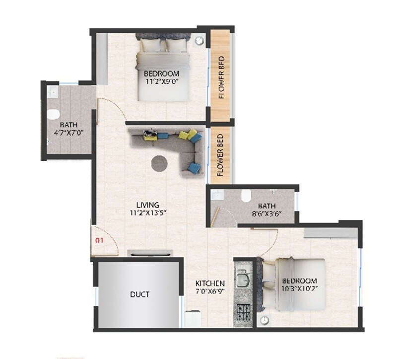 Floor plan of 2 BHK 475 Sq. Ft. Apartment in Vijay Hazare Heights, Navi Mumbai