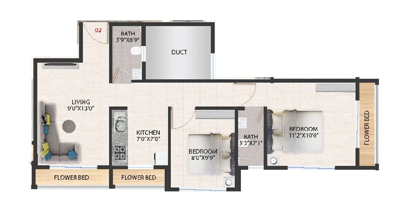 Floor plan of 2 BHK 492 Sq. Ft. Apartment in Vijay Hazare Heights, Navi Mumbai