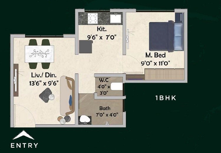Floor plan of 1 BHK 305 Sq. Ft. Apartment in Vijay Parivaramm, Navi Mumbai