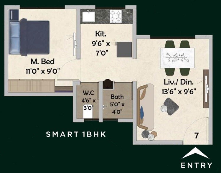 Floor plan of 1 BHK 341 Sq. Ft. Apartment in Vijay Parivaramm, Navi Mumbai