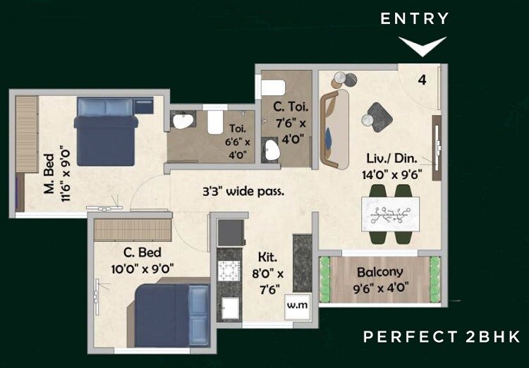 Floor plan of 2 BHK 542 Sq. Ft. Apartment in Vijay Parivaramm, Navi Mumbai