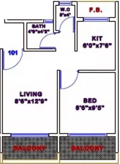 Floor plan of 1 BHK 575 Sq. Ft. Apartment in Vijay Pride, Navi Mumbai